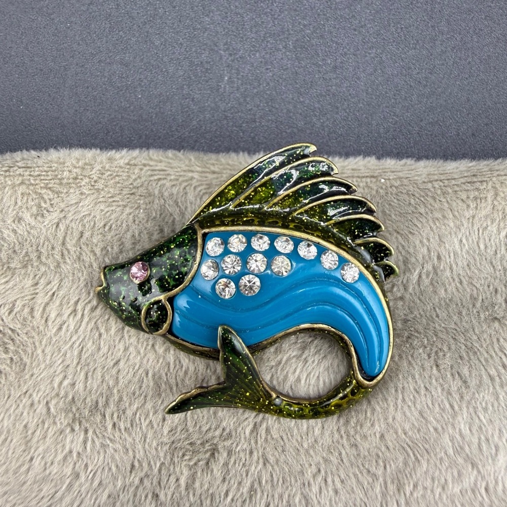 Vintage Fish Brooch Gold Tone Enamel Rhinestone Blue‎ Green - Picture 2 of 11